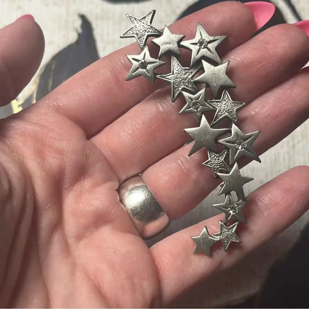 Vintage 80s 1980s Large J J Jonette Silver Star Crystal Brooch Pin D2